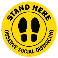 HellermannTyton 596-97001 Floor Sign, 8" Dia., Stand Here - Observe Social Distancing, Yellow, Vinyl, 10/pk